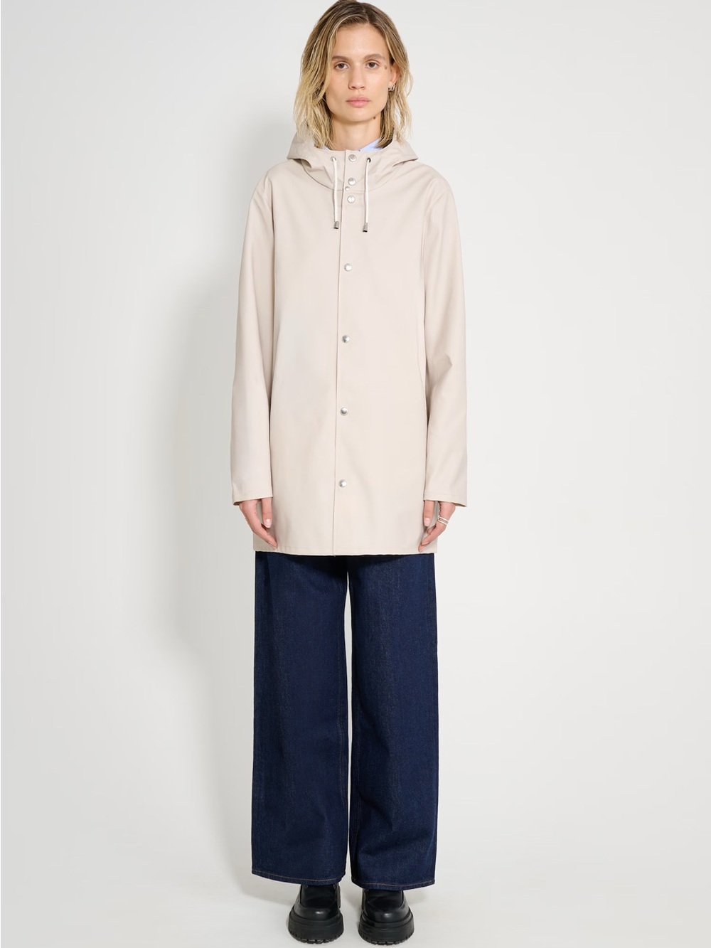Stutterheim Stockholm raincoat in Light Sand hip length heavyweight XXS